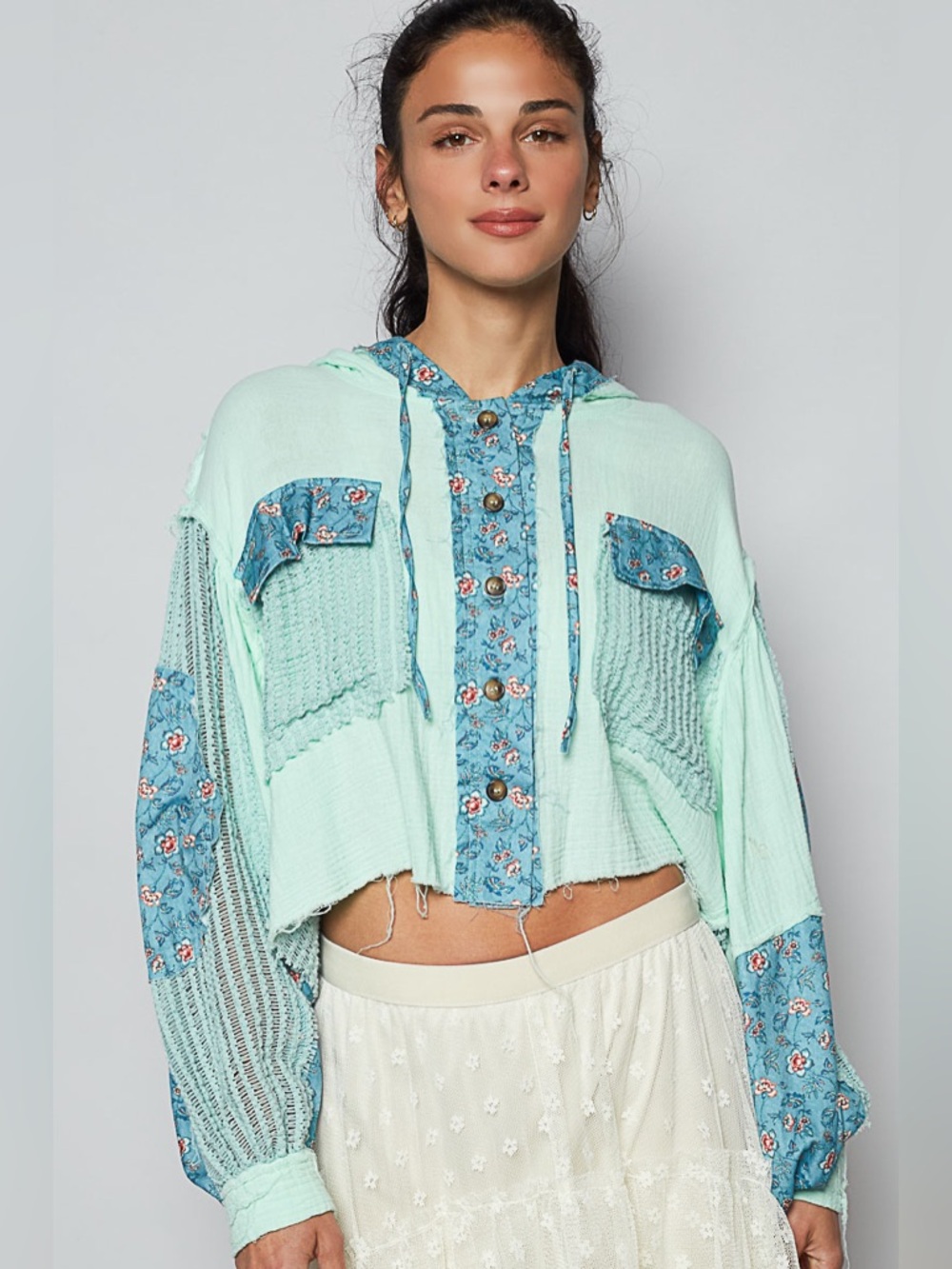 POL Mint Green & Sky Blue Floral Cropped Hoodie